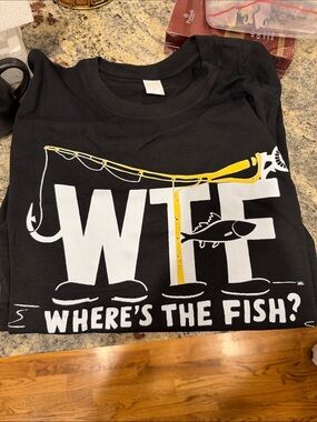 WTF Where's The Fish? Graphic Fishing T-Shirt - Black/Yellow Large New